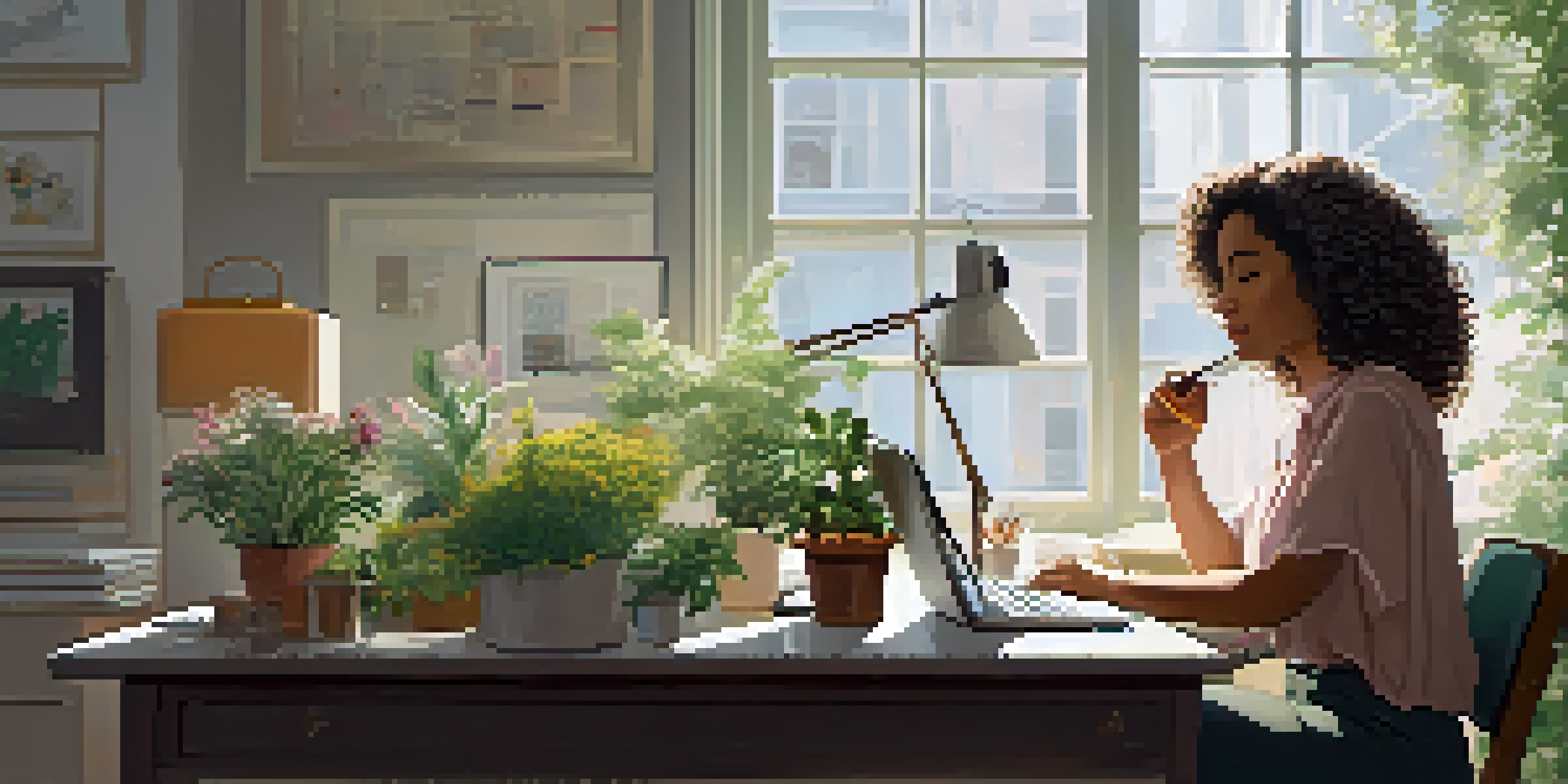 A woman practicing deep breathing at her desk in a well-lit office, with plants and a cup of tea, creating a calming environment.