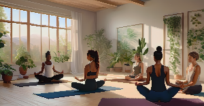 A diverse group of individuals practicing yoga at home, each in different poses with calming decor and soft lighting.