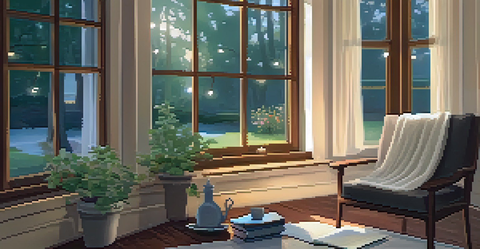 A cozy journaling space with a rug, a table with an open journal and a candle, and a view of a garden through a window.