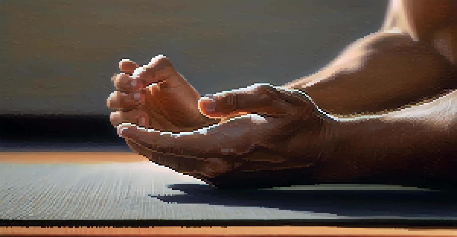 Close-up of a man's hands in a mudra pose in a soft-lit yoga studio.