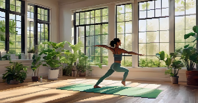 A person practicing Warrior II yoga pose in a sunlit yoga studio, surrounded by plants and a vision board for financial goals.