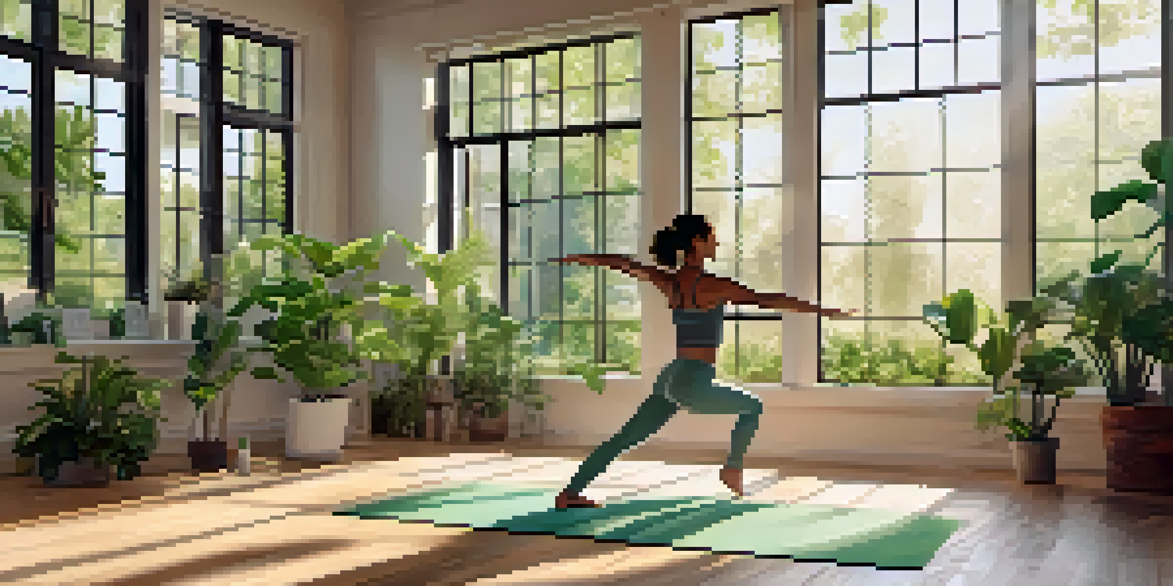 A person practicing Warrior II yoga pose in a sunlit yoga studio, surrounded by plants and a vision board for financial goals.