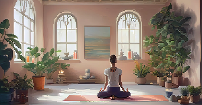 A woman in Child’s Pose on a yoga mat in a softly lit yoga studio with plants and candles, evoking a sense of calm and relaxation.