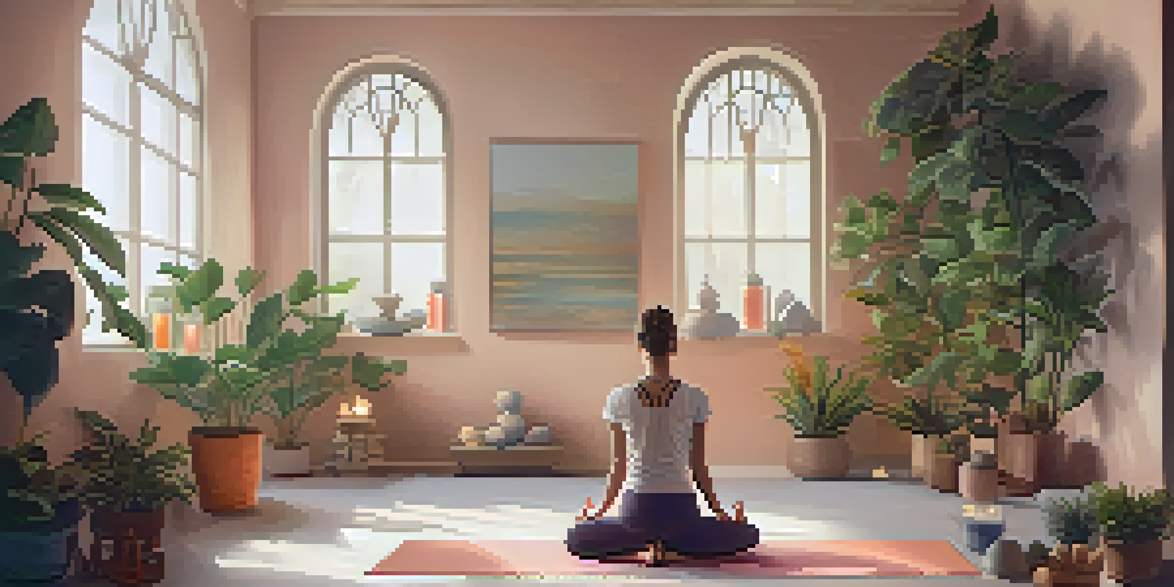 A woman in Child’s Pose on a yoga mat in a softly lit yoga studio with plants and candles, evoking a sense of calm and relaxation.