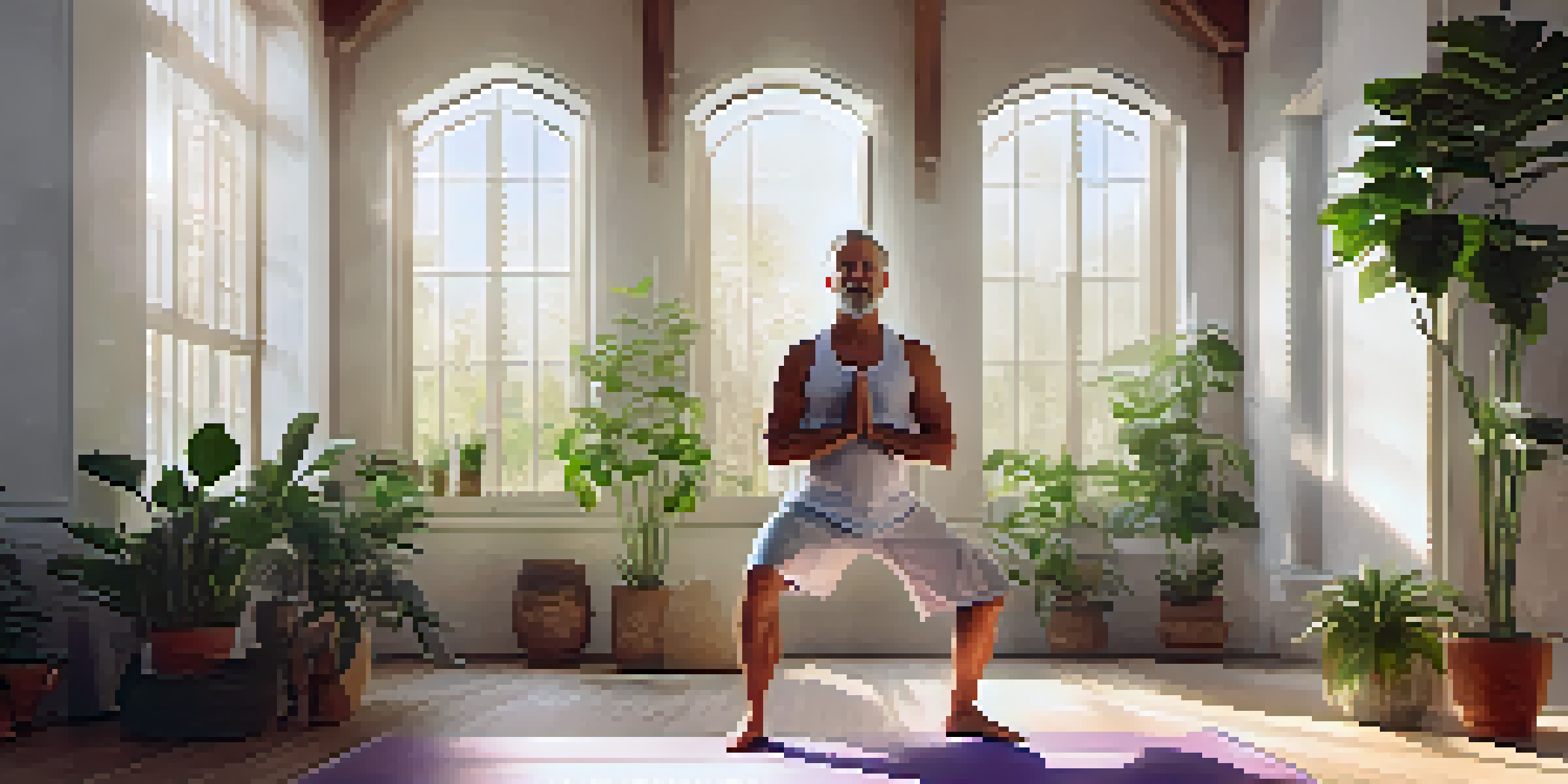 A middle-aged man practicing Warrior II pose in a bright yoga studio filled with plants and natural light.