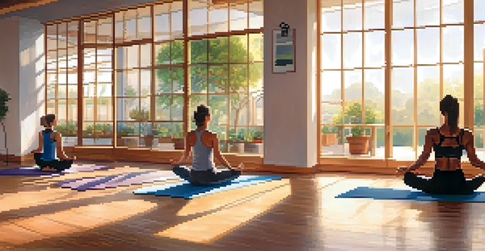 A yoga studio with athletes practicing various poses, illuminated by morning sunlight.