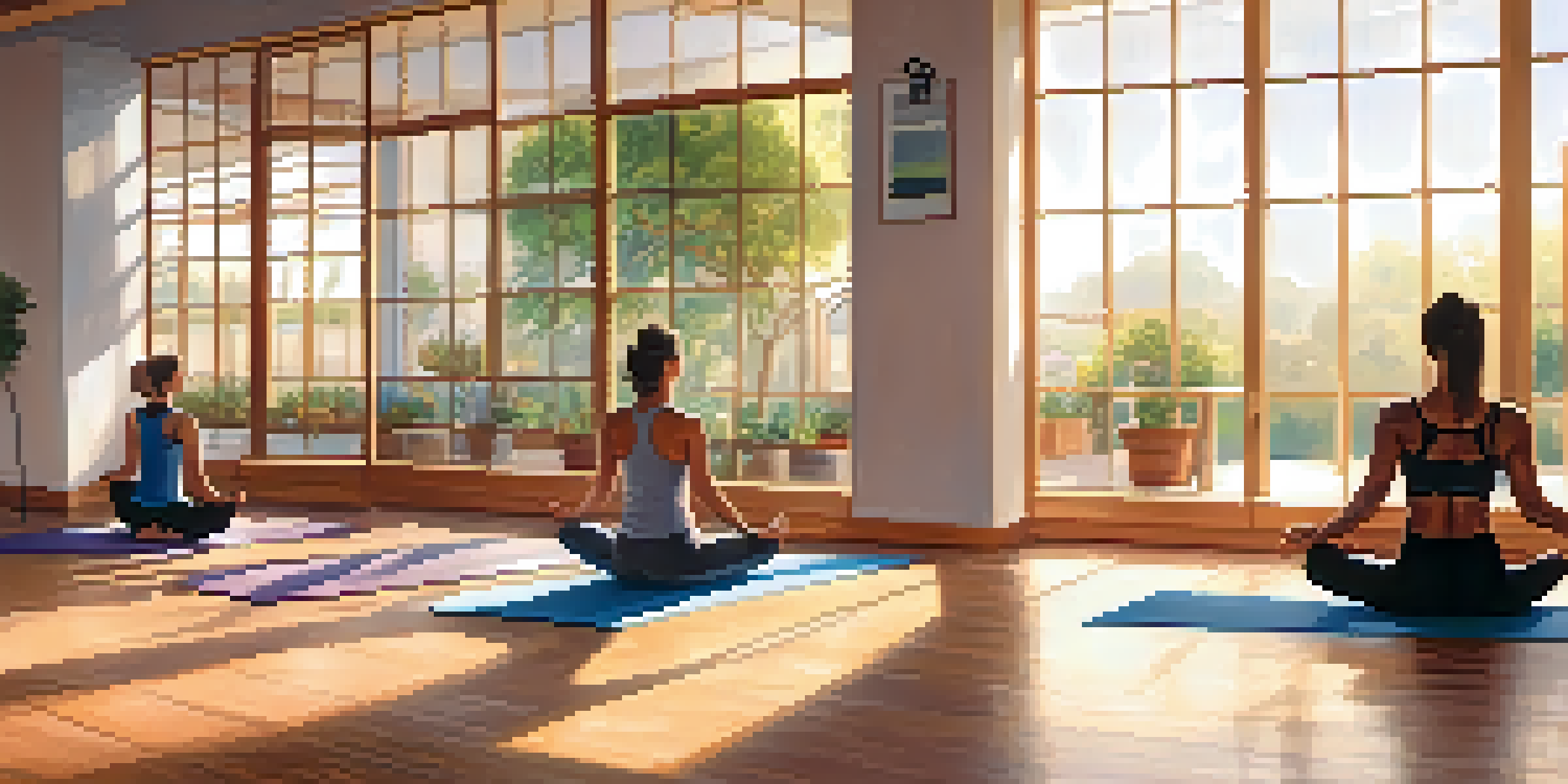 A yoga studio with athletes practicing various poses, illuminated by morning sunlight.