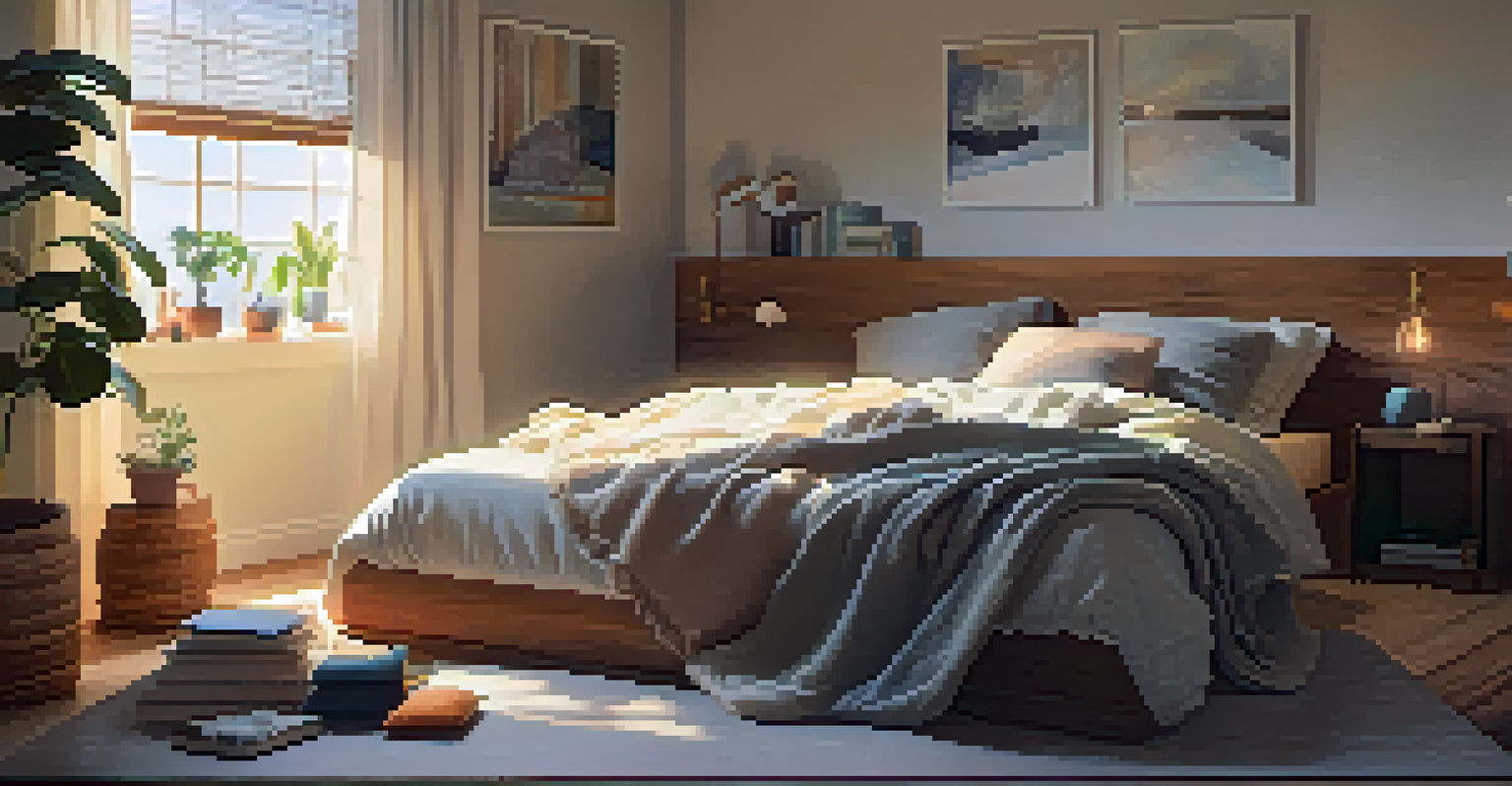 A person practicing deep breathing on a yoga mat in a cozy bedroom with warm lighting.