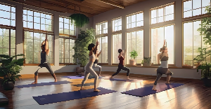 A diverse group of people practicing yoga in a bright studio with wooden floors and plants, performing dynamic poses.