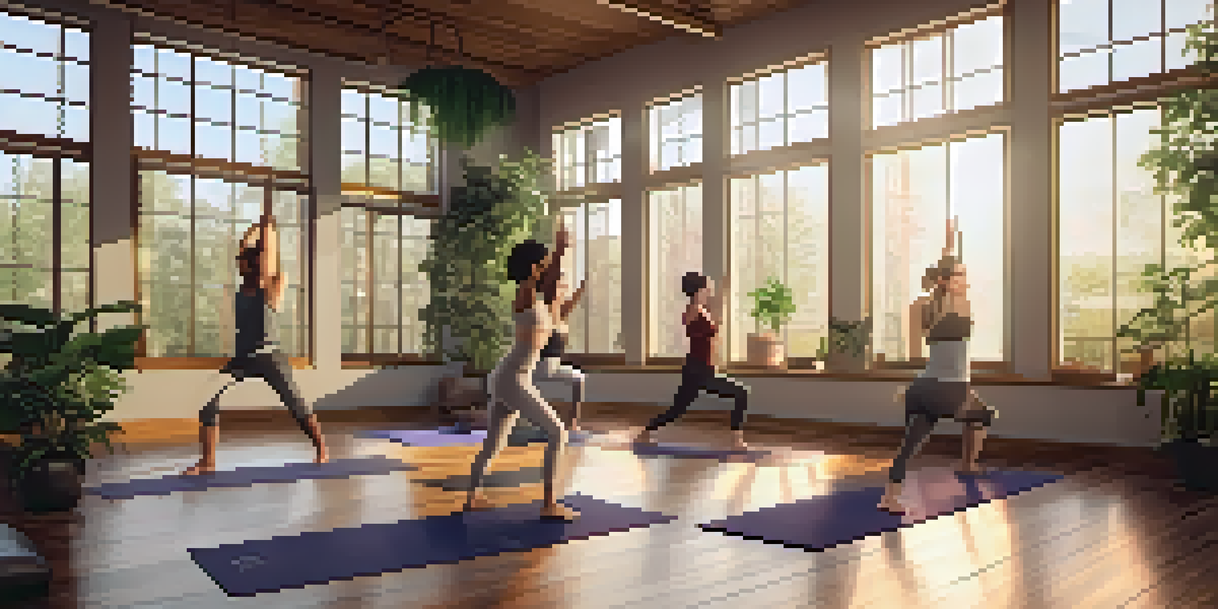 A diverse group of people practicing yoga in a bright studio with wooden floors and plants, performing dynamic poses.