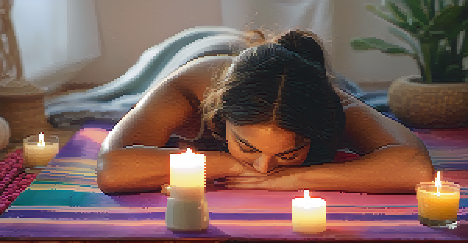 A person in a supported child's pose on a colorful yoga mat, wrapped in a blanket, surrounded by calming elements like candles.