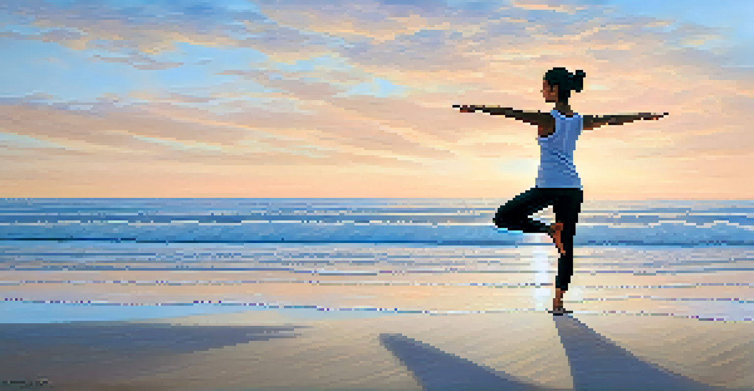 A person practicing Hatha Yoga on the beach at sunrise, surrounded by soft ocean waves and a pastel-colored sky.