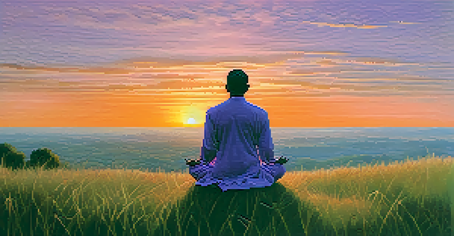 A leader meditating cross-legged on a hilltop during sunset, surrounded by tall grass and colorful sky.