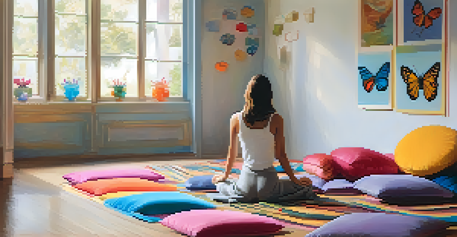 A person in Butterfly Pose surrounded by colorful cushions in a bright, inviting room filled with natural light.