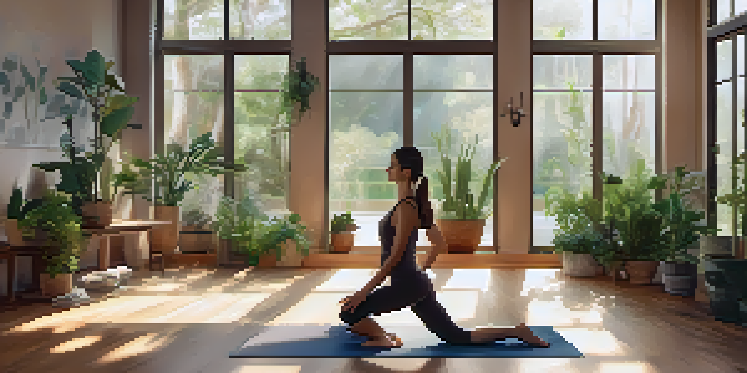 A peaceful yoga studio with a person practicing yoga, surrounded by plants and natural light.