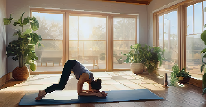 A person practicing the Cat-Cow yoga pose in a bright yoga studio with large windows and plants.