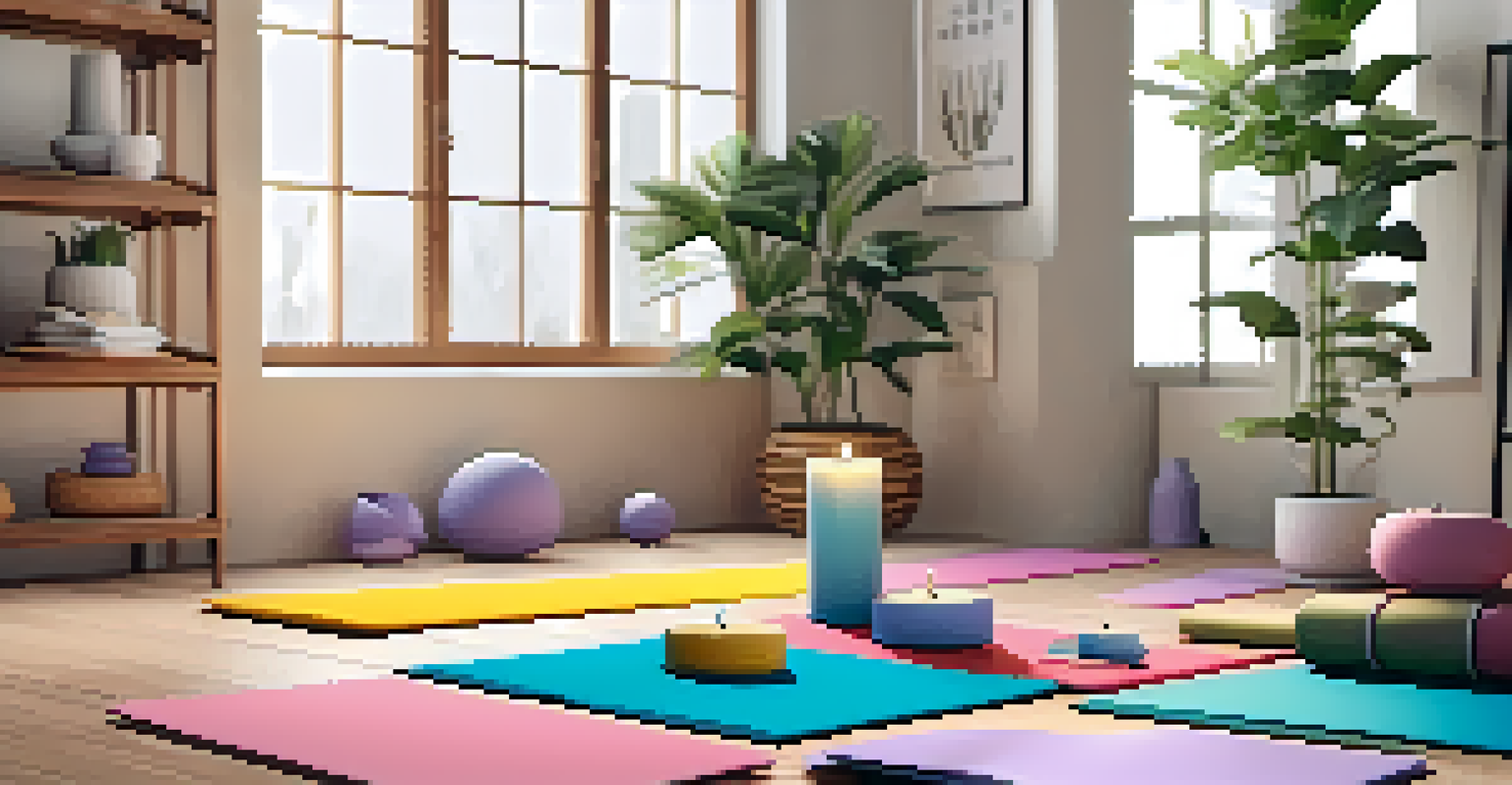 An organized display of colorful yoga mats and equipment in a bright and inviting yoga space.