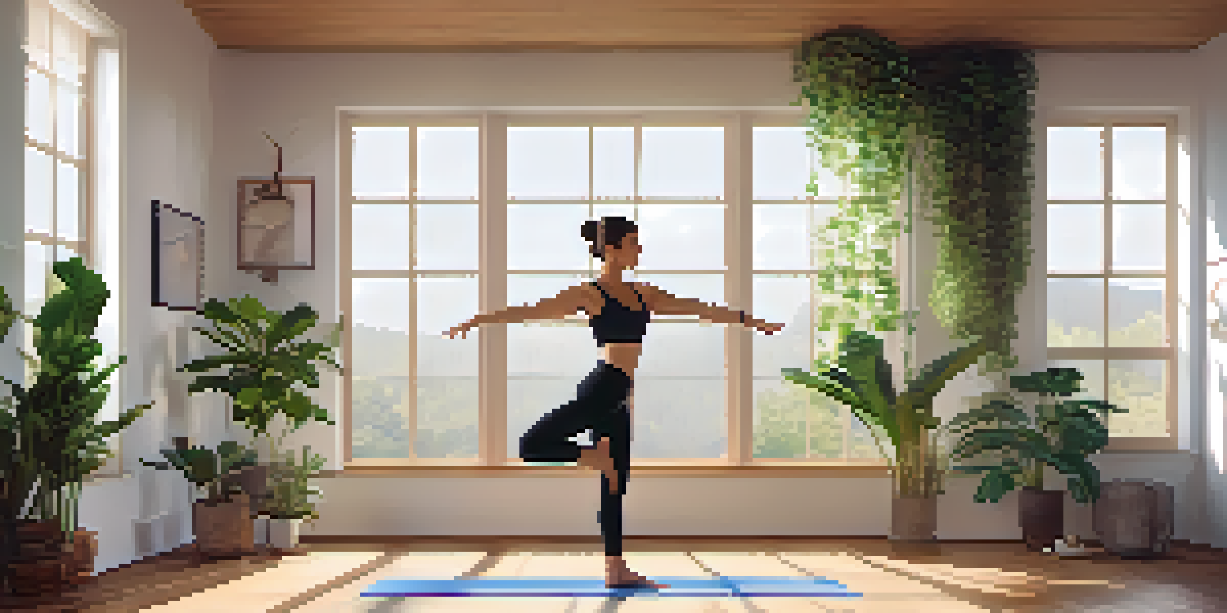 A woman practicing Mountain Pose in a well-lit yoga studio filled with plants and soft cushions.