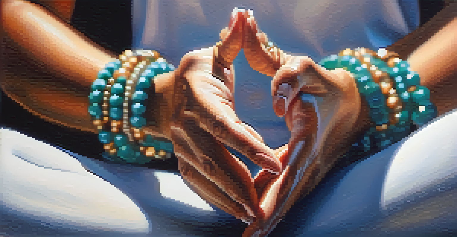 Close-up of hands in a yoga pose, highlighting breath awareness and natural light.