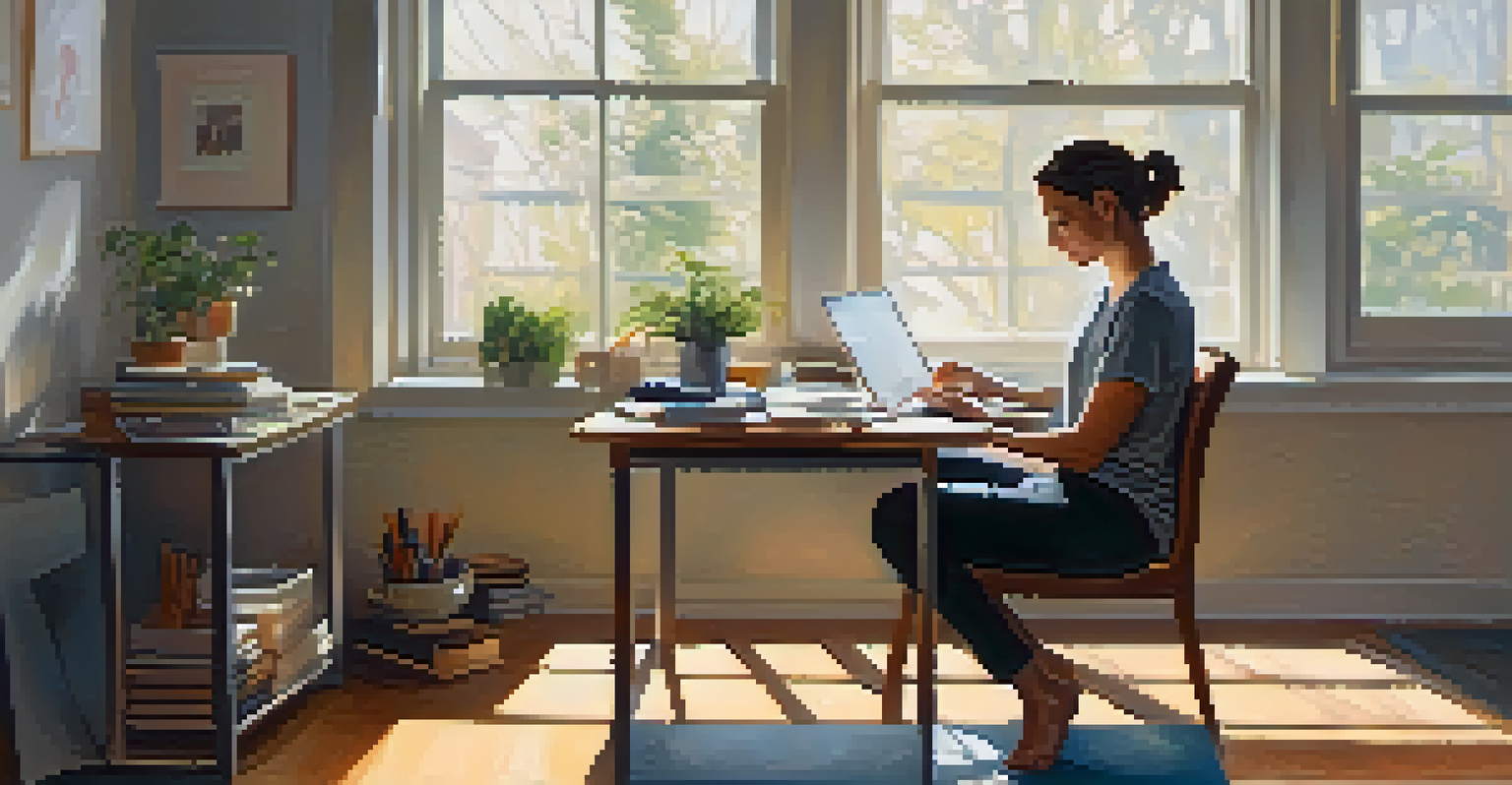 An employee sitting cross-legged at a desk, practicing mindfulness with a peaceful expression in a sunlit office.