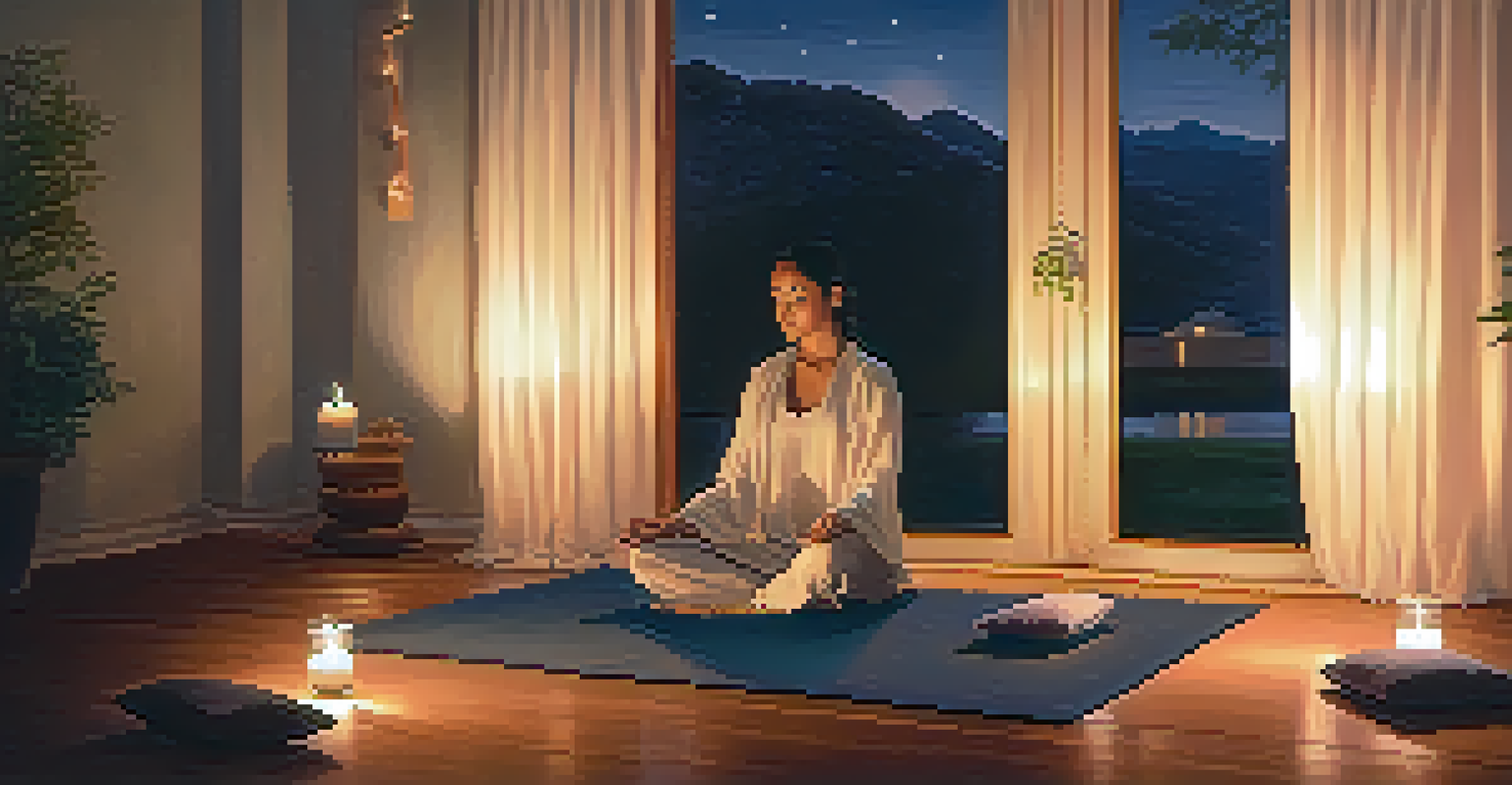 A person meditating on a yoga mat in a softly lit room with moonlight, creating a peaceful atmosphere for mindfulness.