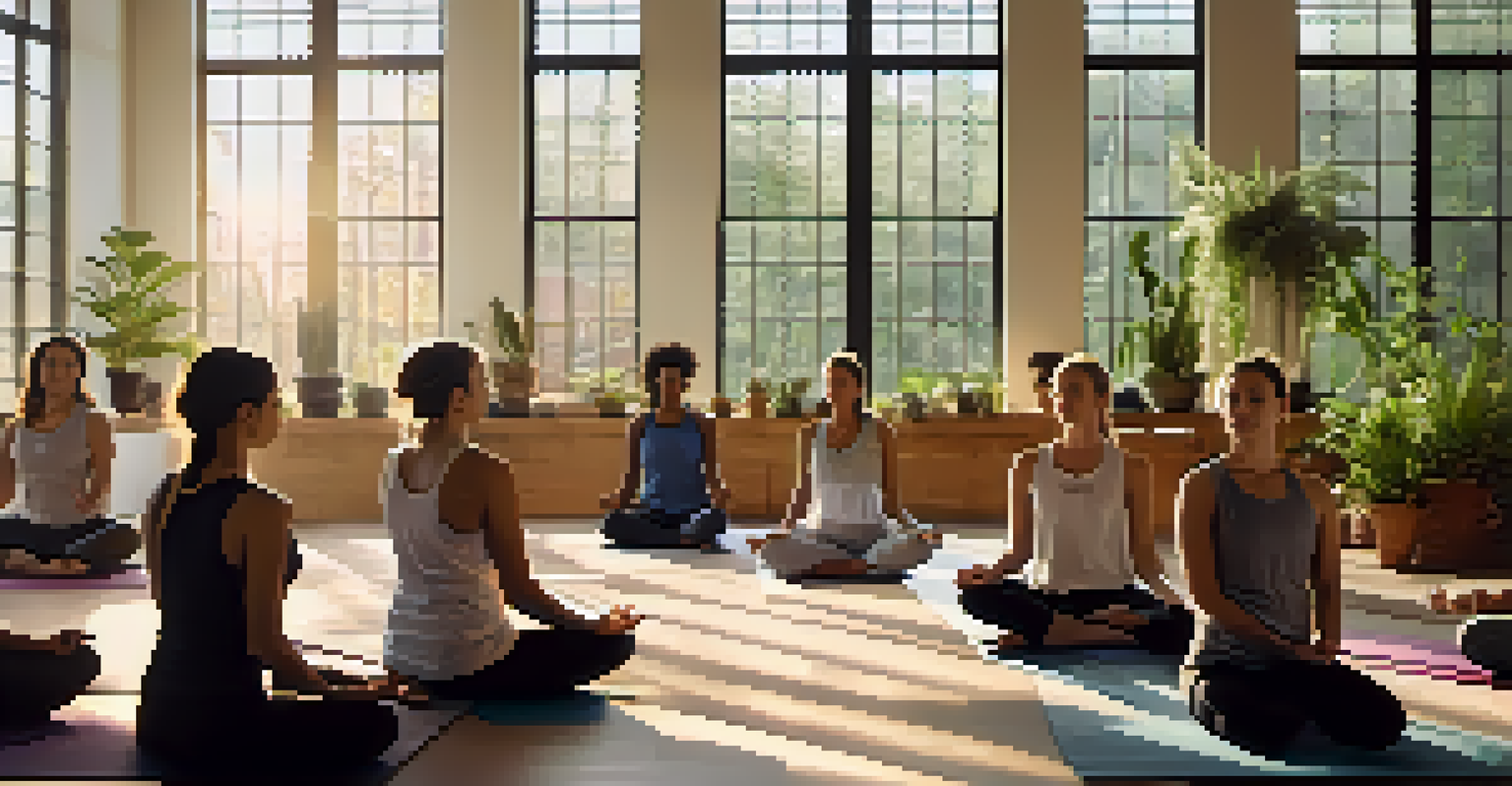 A group of individuals seated in a circle during a yoga meditation class in a softly lit room, promoting mindfulness and connection.