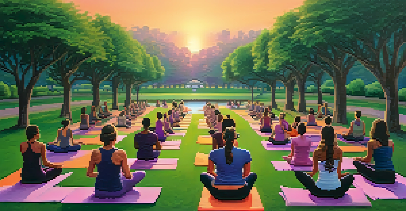 A group of people practicing yoga outdoors during sunset in a park, with colorful skies and lush greenery.