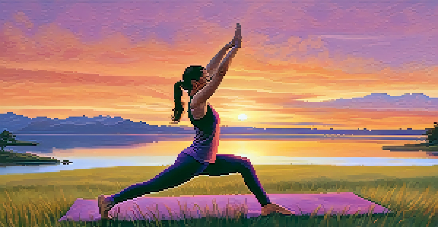 A female runner stretching in a yoga pose outdoors at sunset, with mountains and a lake in the background.