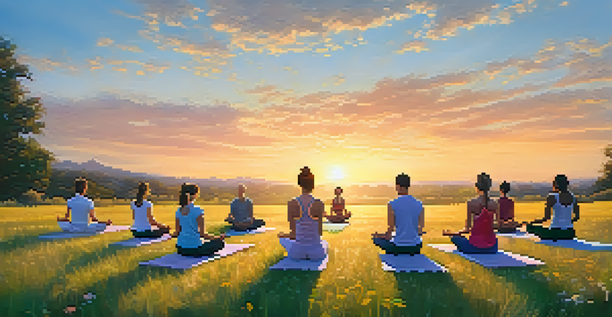 A diverse group of individuals practicing yoga outdoors at sunrise in a grassy meadow, surrounded by blooming wildflowers and a pastel-colored sky.