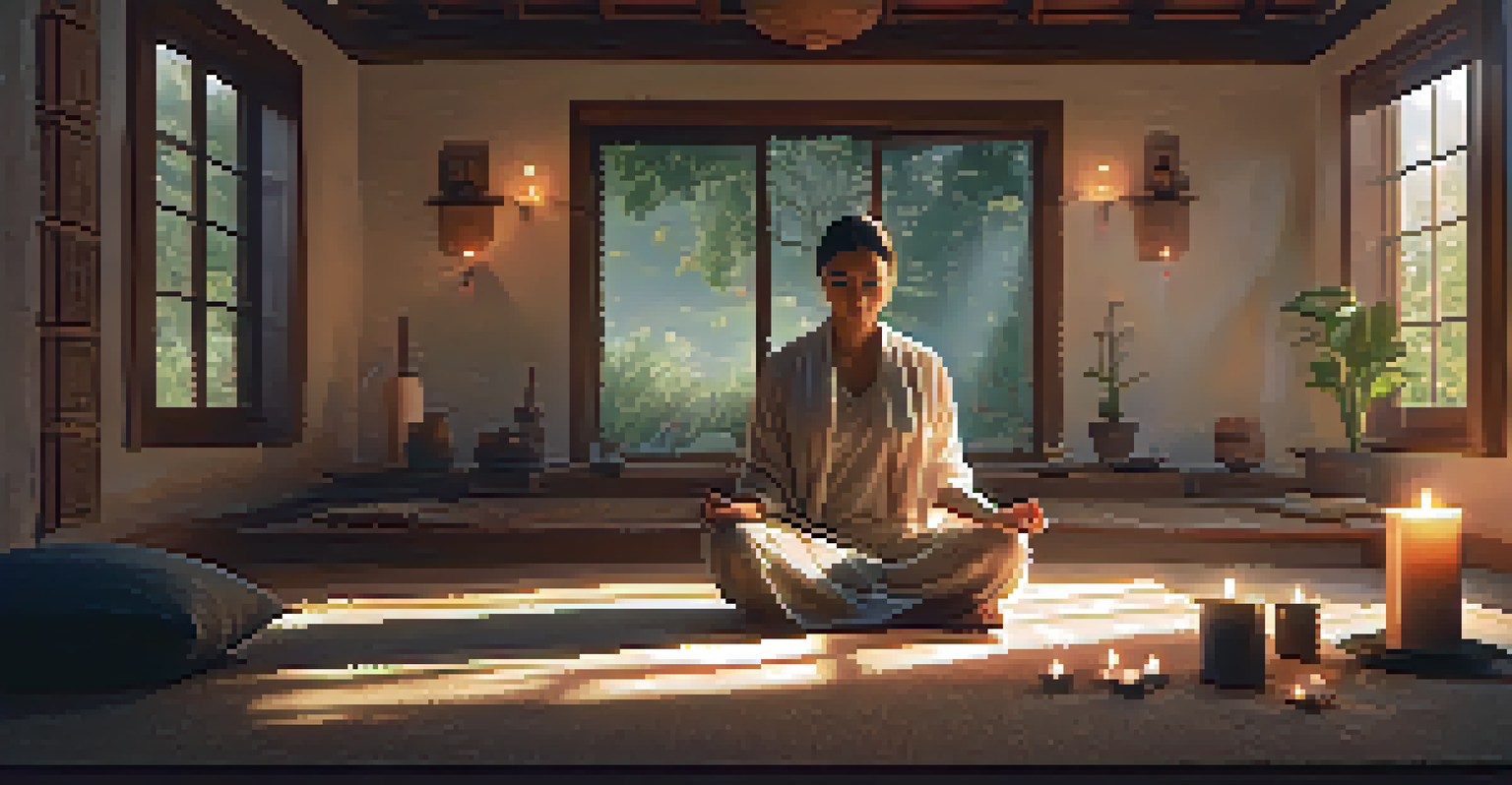 A person meditating in a cozy, softly lit room, surrounded by candles and cushions, embodying mindfulness and tranquility.