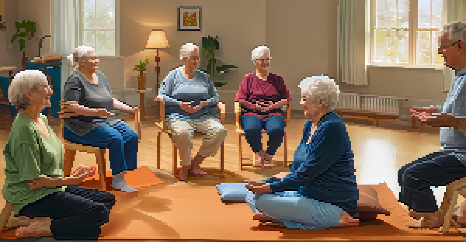 A group of seniors practicing chair yoga in a community center, guided by an instructor, creating a supportive and friendly atmosphere.