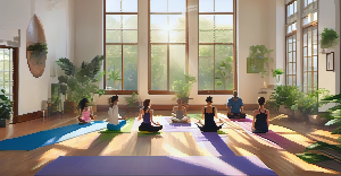 A diverse group of individuals practicing pranayama in a serene yoga studio filled with sunlight and indoor plants.