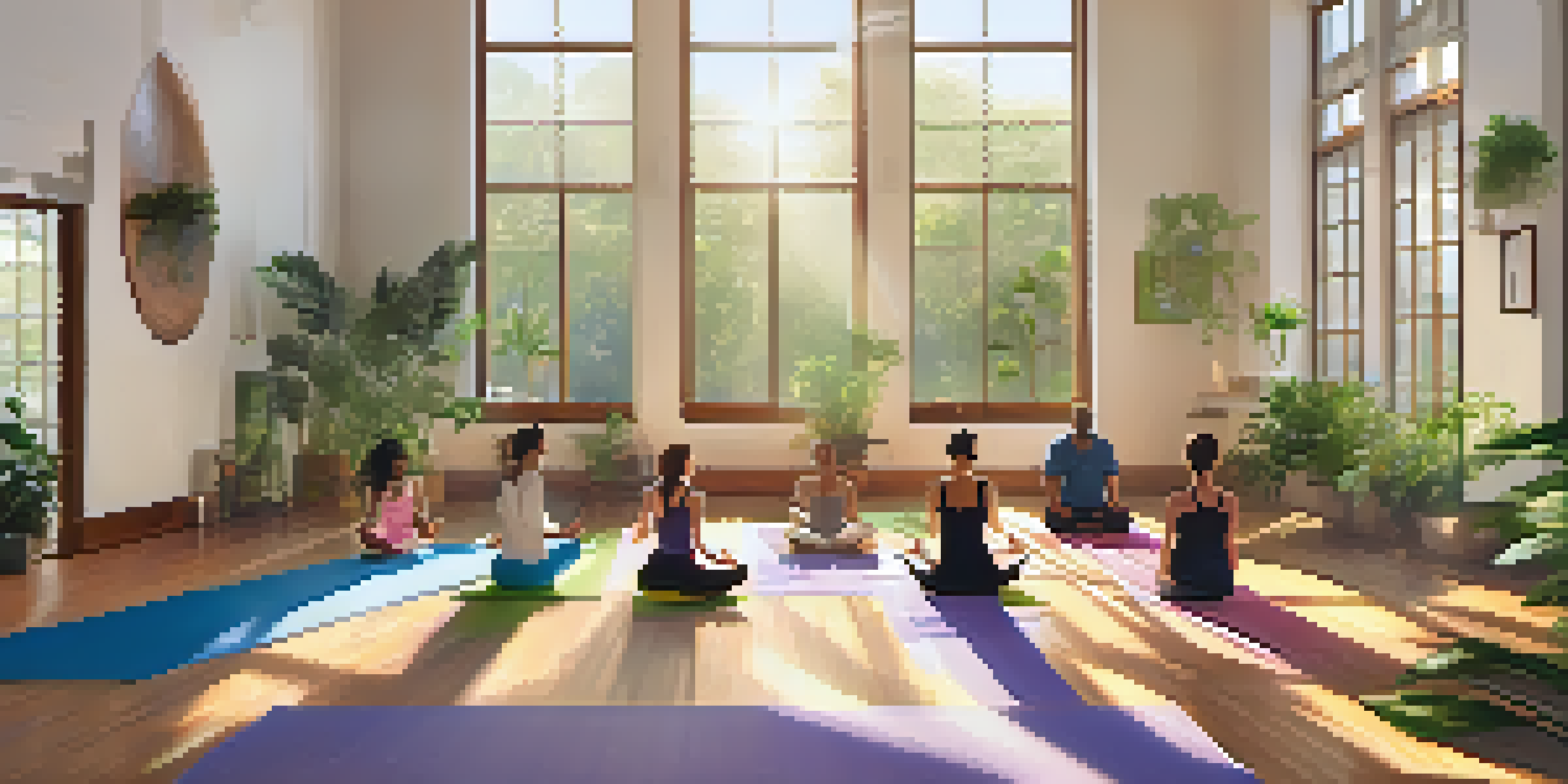 A diverse group of individuals practicing pranayama in a serene yoga studio filled with sunlight and indoor plants.