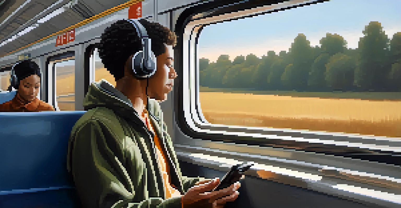 A person listening to a podcast on their phone on a train, looking engaged with passing scenery visible through the window.
