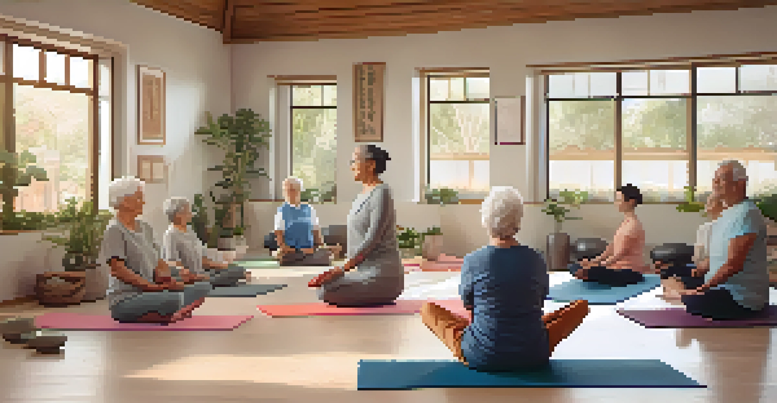A senior yoga instructor demonstrating the Warrior pose to a small group of elderly students in a cozy yoga studio.