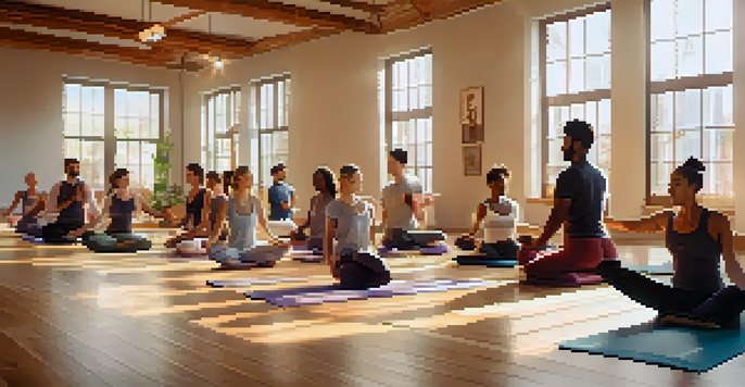 A group of diverse individuals practicing yoga in a bright and welcoming studio, showcasing different poses and a sense of community.