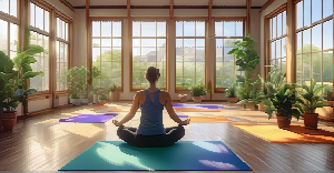 A diverse group of individuals practicing yoga in a bright and serene studio, showcasing unity and calmness.
