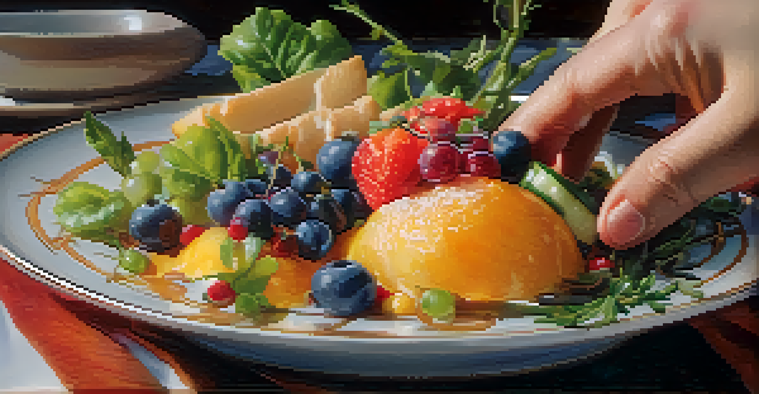 A close-up of a hand holding a colorful and healthy plated dish, with warm light creating an inviting atmosphere, highlighting the beauty of mindful eating.
