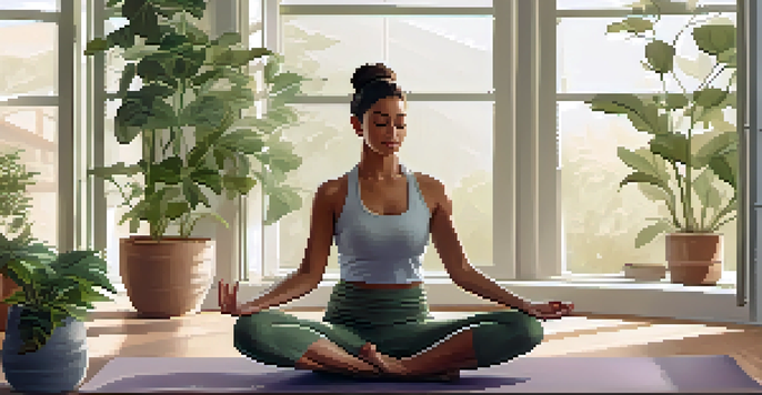 A peaceful yoga studio with a person meditating on a mat surrounded by plants and soft natural light.
