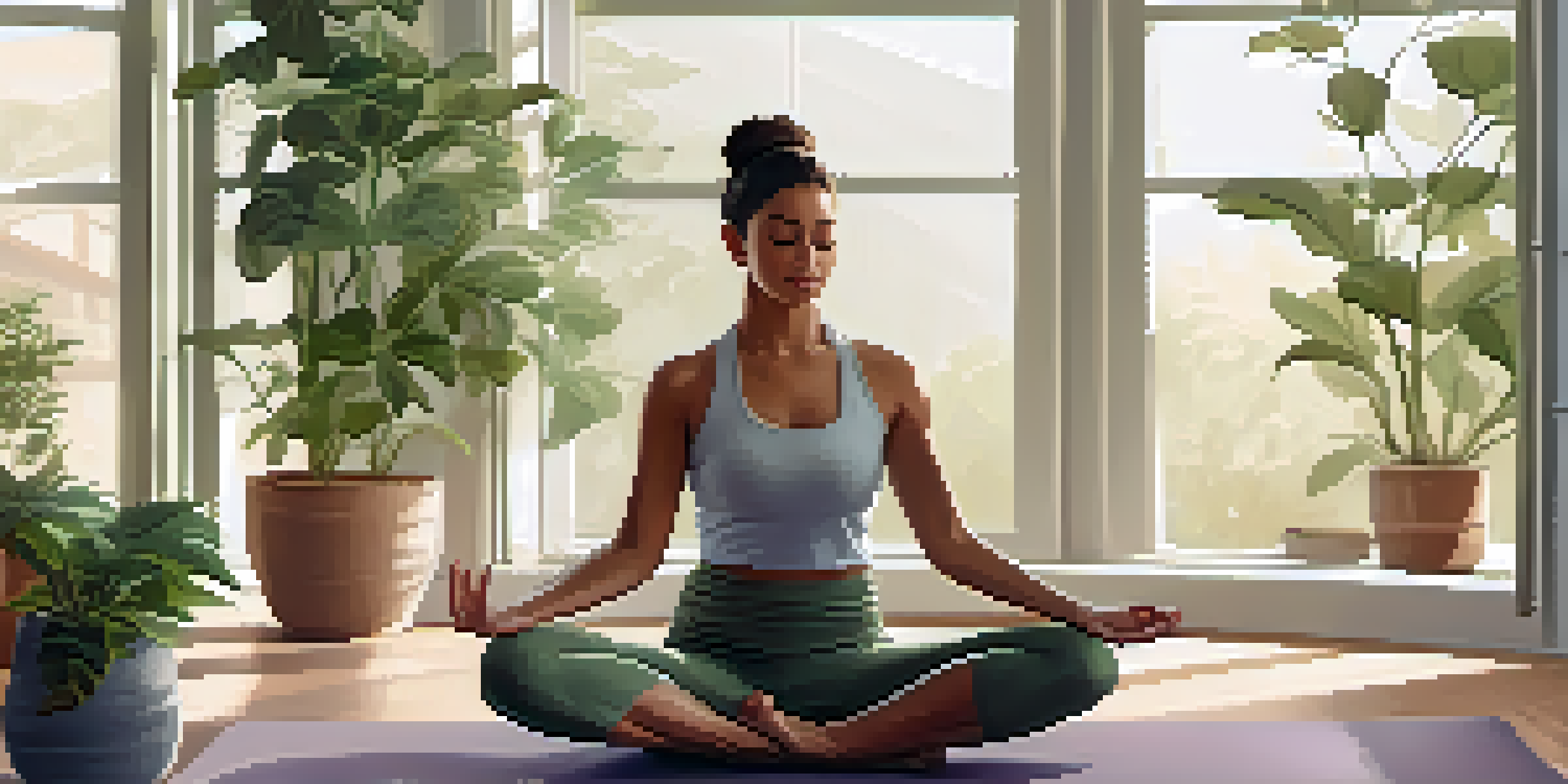 A peaceful yoga studio with a person meditating on a mat surrounded by plants and soft natural light.