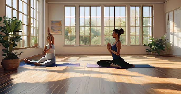 A couple practicing partner yoga in a bright studio filled with plants and natural light.