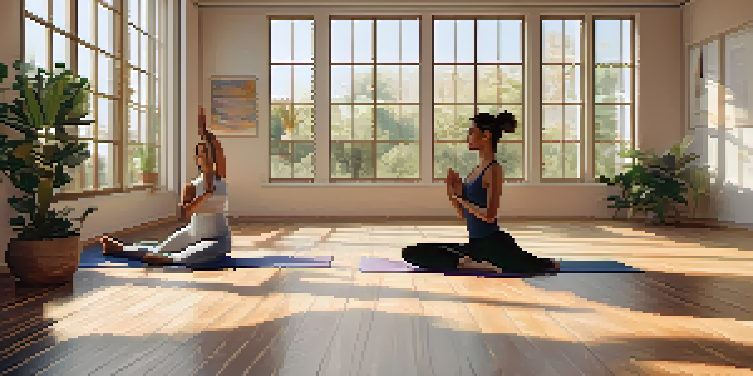A couple practicing partner yoga in a bright studio filled with plants and natural light.