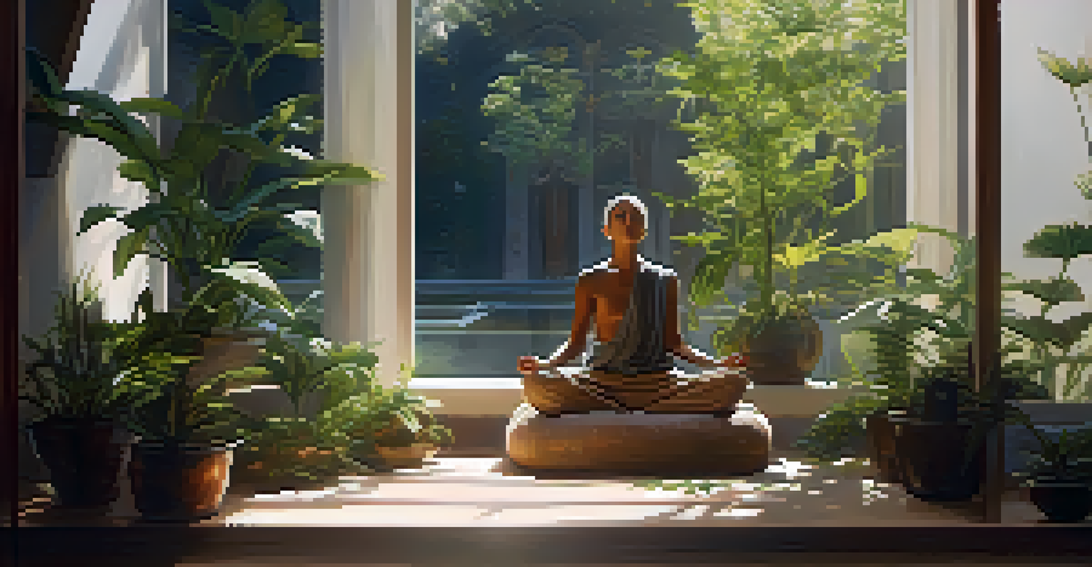 A person meditating indoors surrounded by cushions and plants, with sunlight filtering through a window and soft shadows creating a serene atmosphere.