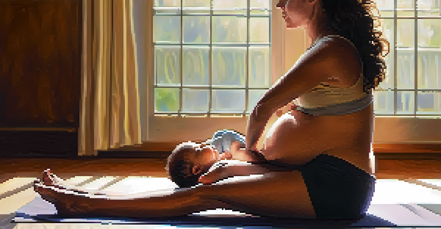 Close-up of an expectant mother practicing deep belly breathing, seated cross-legged on a yoga mat with a serene expression.