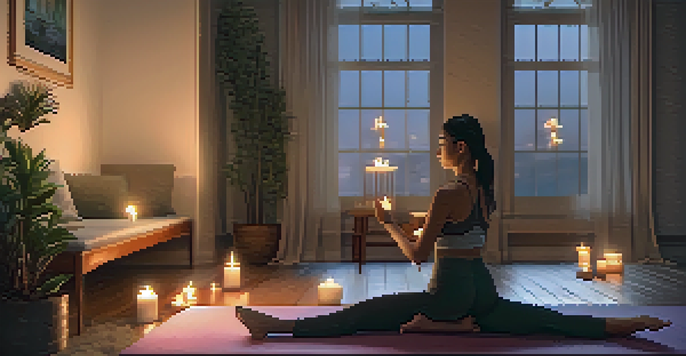 An evening scene of a person in Savasana pose in a dimly lit room, surrounded by candles and a calming atmosphere.