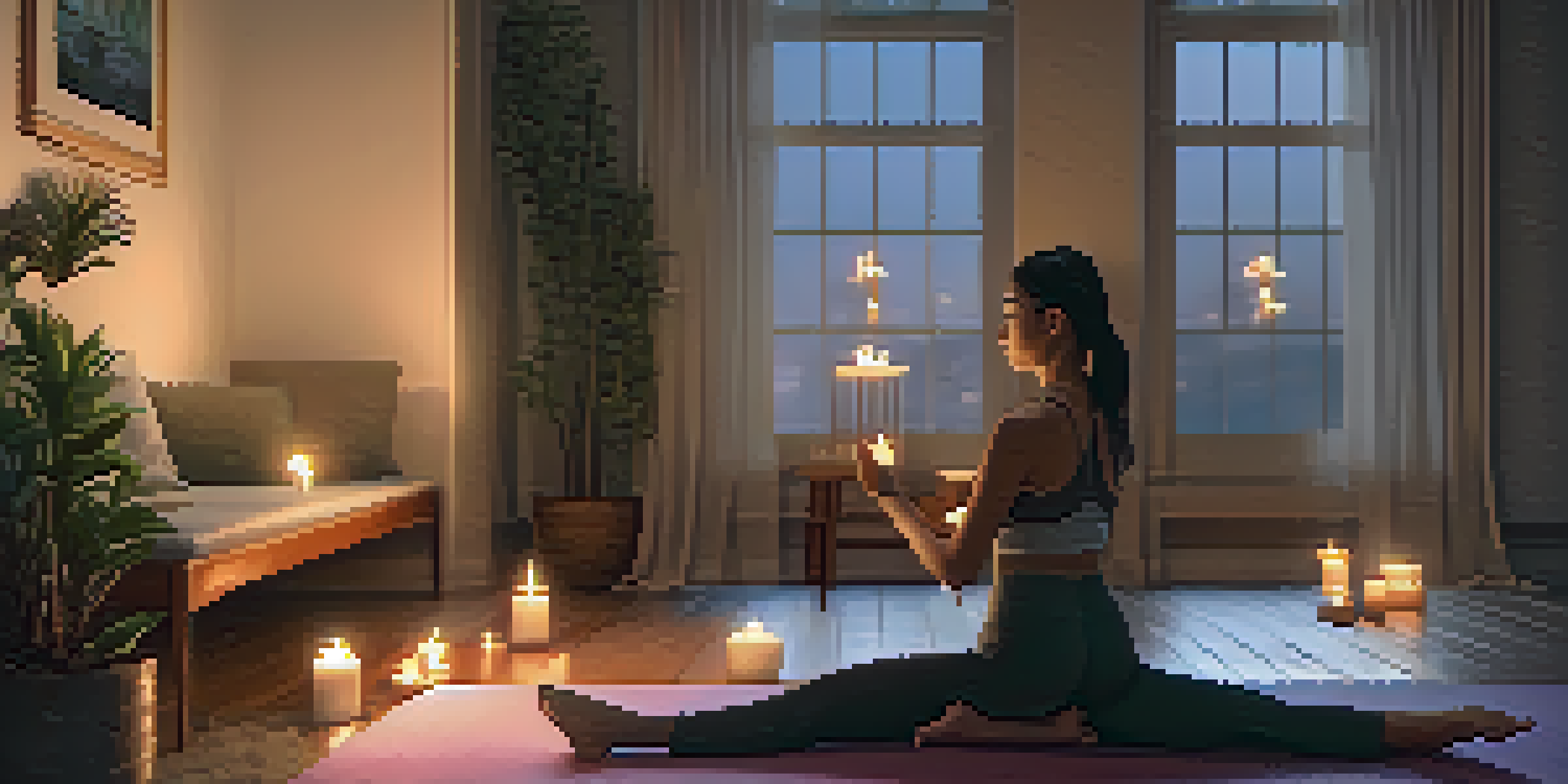 An evening scene of a person in Savasana pose in a dimly lit room, surrounded by candles and a calming atmosphere.