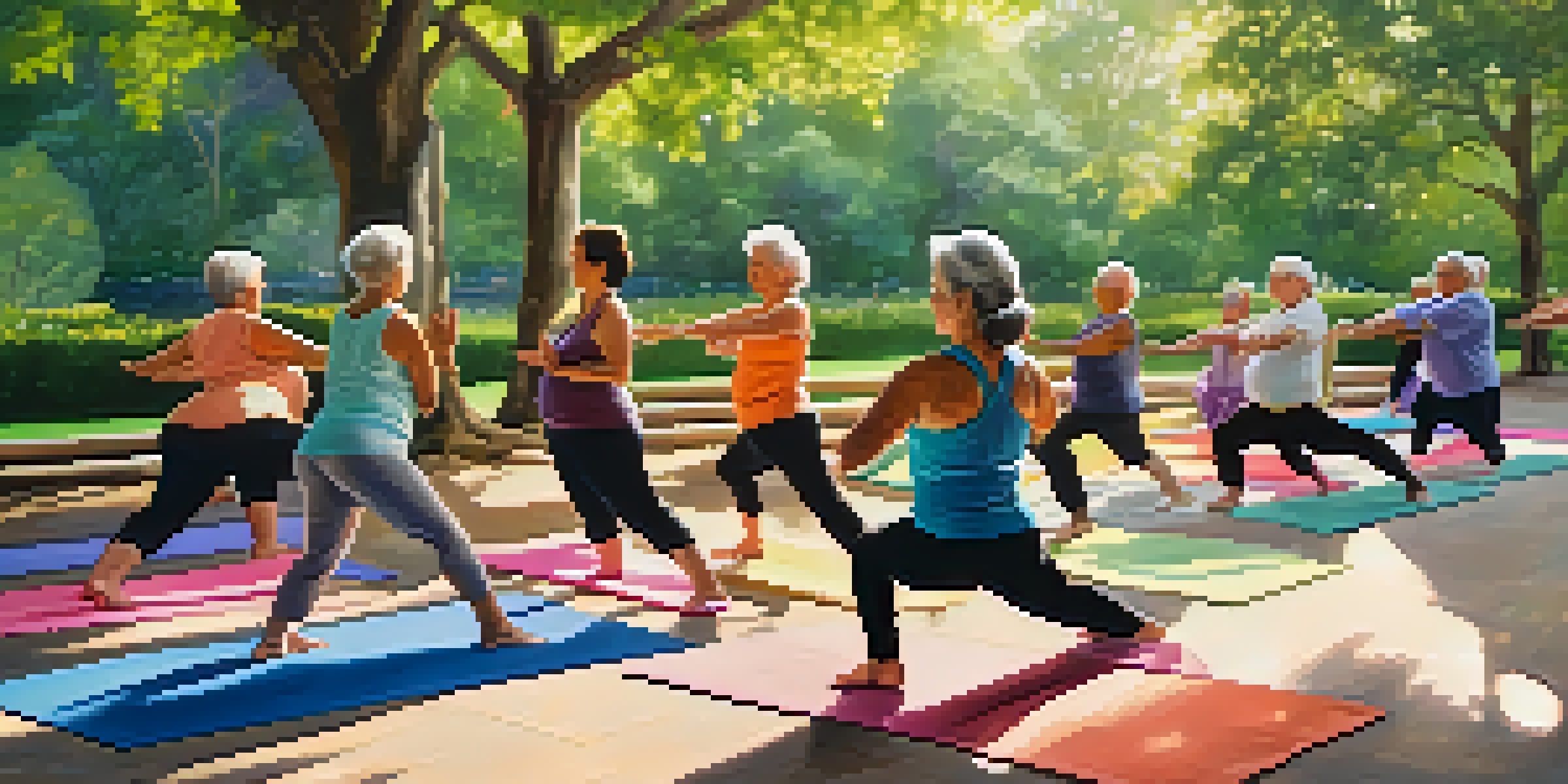 A diverse group of seniors practicing yoga in a sunlit park with colorful mats and lush greenery.