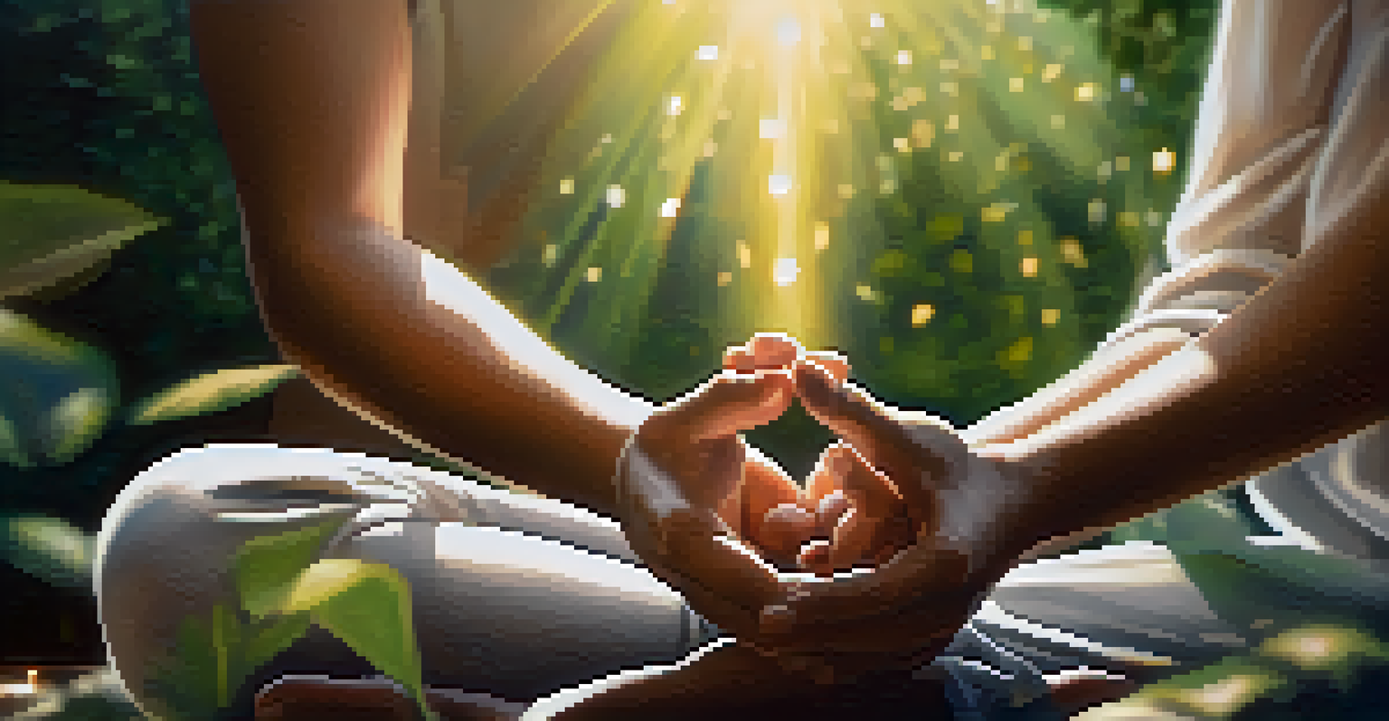 Close-up of hands in a meditation pose with sunlight filtering through leaves, symbolizing calmness and mindfulness.