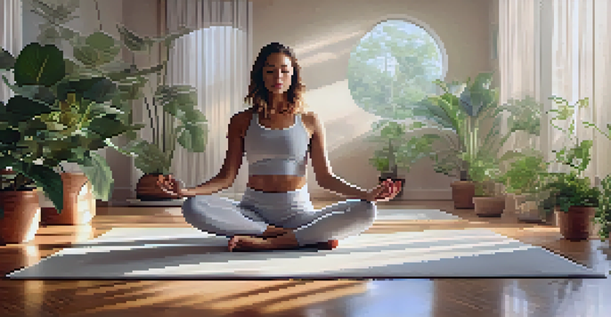 A woman practicing yoga in a bright, peaceful studio filled with plants and soft morning light.