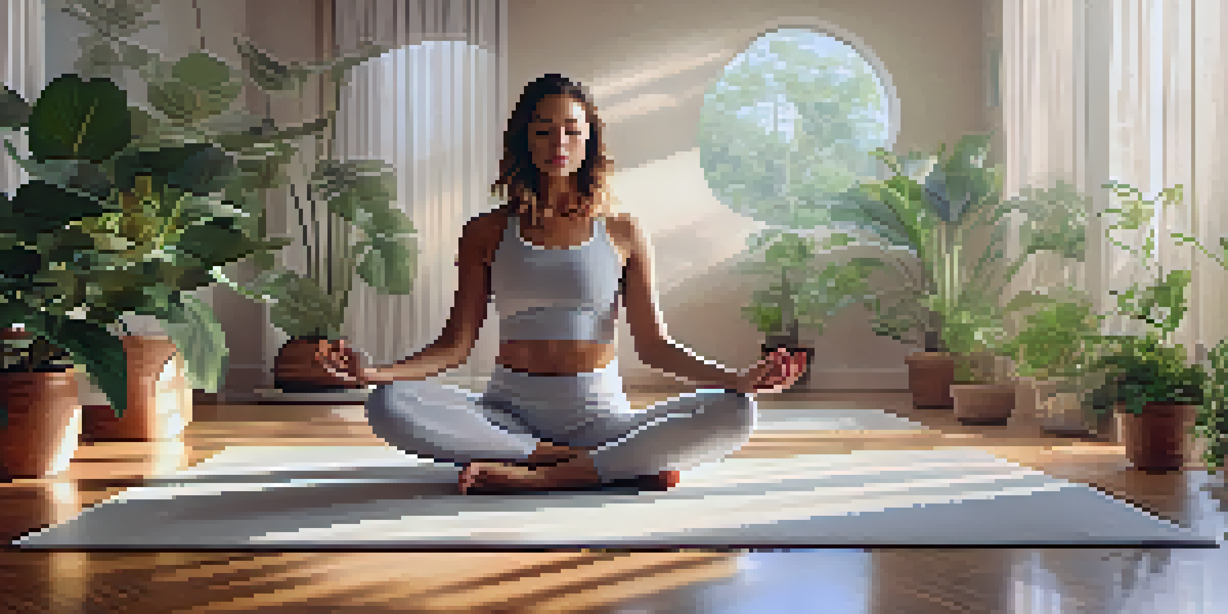 A woman practicing yoga in a bright, peaceful studio filled with plants and soft morning light.